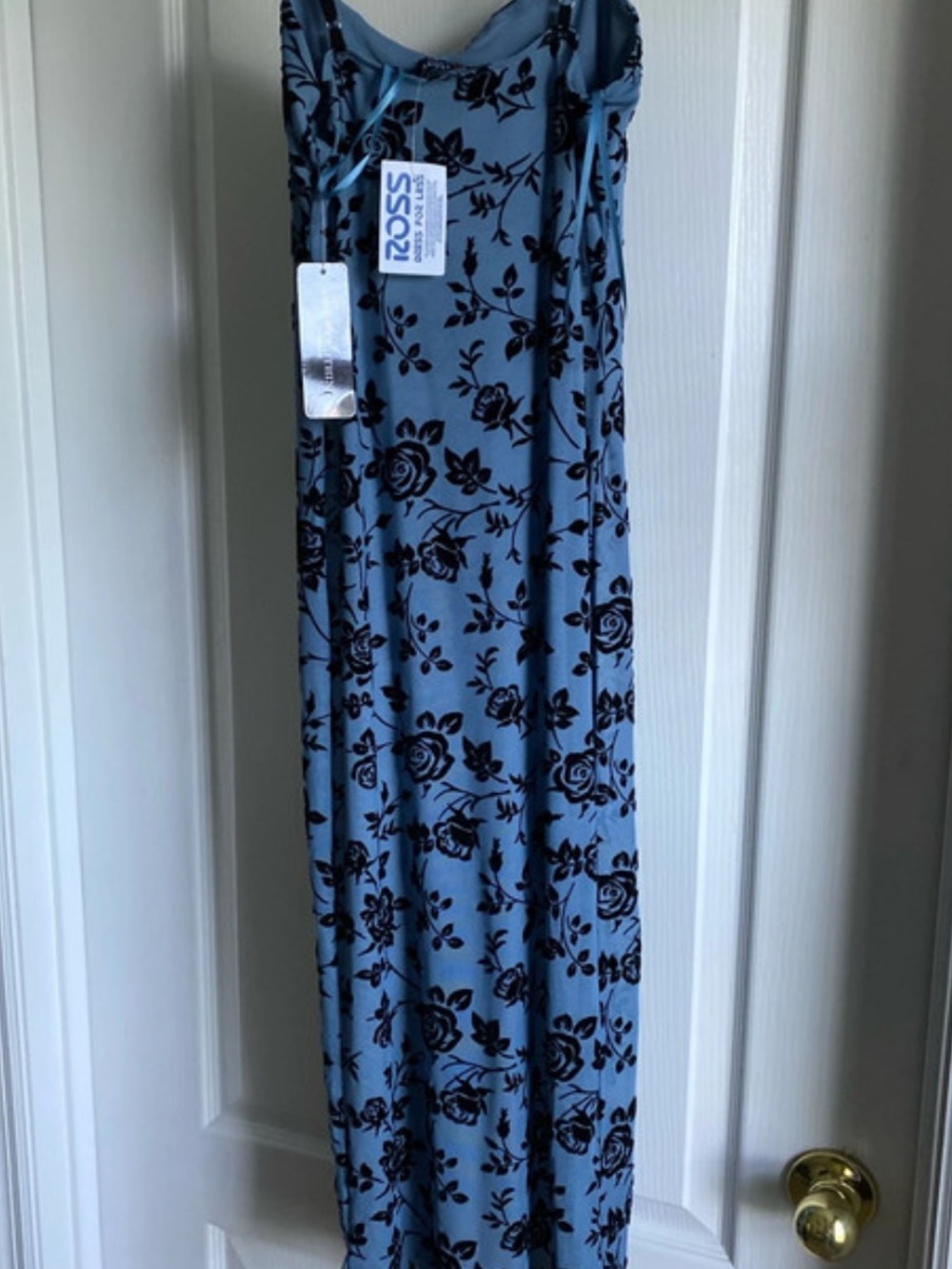 Blue Floral Maxi Dress with Black Velvet Burnout Roses